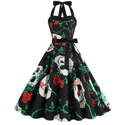 Factory direct supply 2024 Halloween new Hepburn style high waist slim hanging neck large swing long retro dress