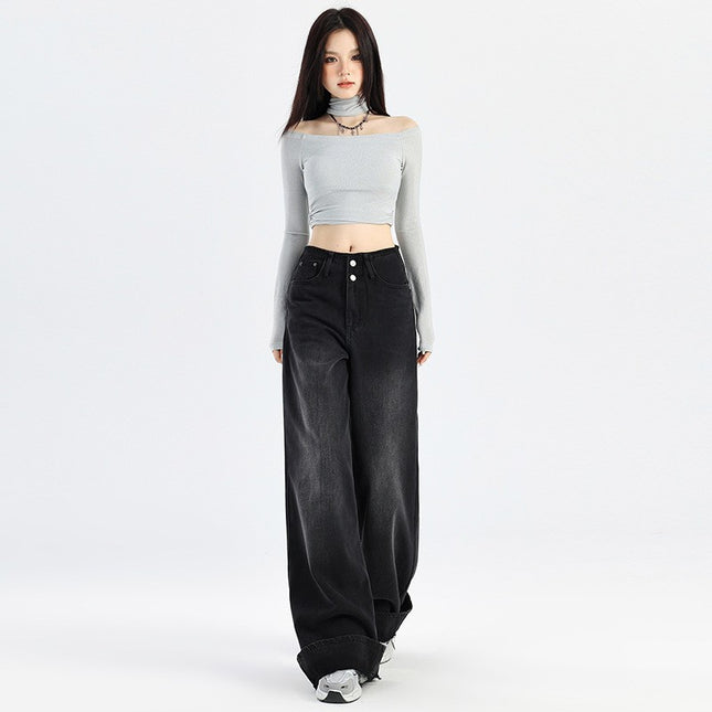 American Style Black Grey Wide Leg Jeans Women's Autumn 2024 New High Waist Double Buckle Loose Slimming Curl Edge Mop Pants