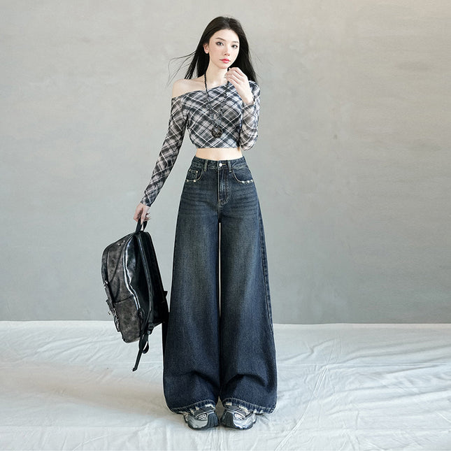 American Retro Frayed Design Wide-Leg Jeans for Women in Autumn and Winter New Style High-Waisted Loose Flesh-Covering Straight Legs