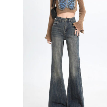 American Retro Flared Jeans for Women, Spring and Autumn New Vintage Design, Niche Slimming Floor-Length Bootcut Pants