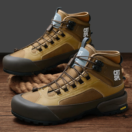 New Men's Stretch Knitted Fabric Leather Lace-Up Sneakers Versatile Thick-Soled Casual Shoes Running Shoes Hiking Shoes