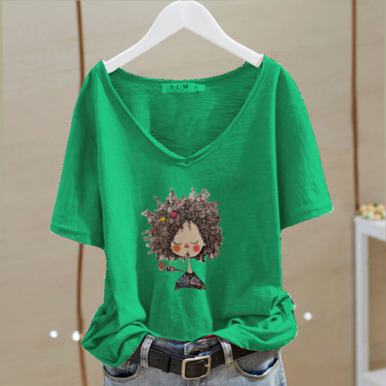 V-neck ultra-thin front shoulder slub cotton letter printing summer 2024 new Korean loose top short sleeve women's T-shirt fashion