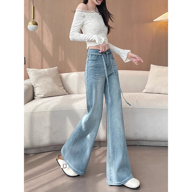 Drawstring Strap Non-Stick Leg Bootcut Jeans for Women 2025 New Summer Wear Loose Slimming Look Wide Legs for Small People