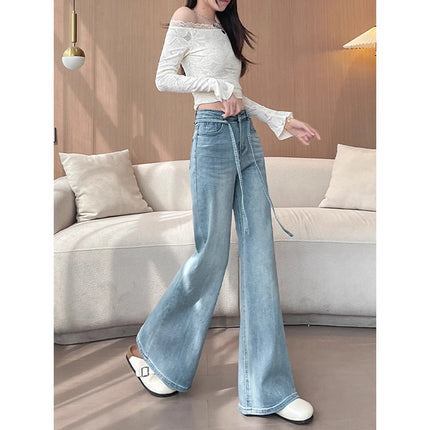 Drawstring Strap Non-Stick Leg Bootcut Jeans for Women 2025 New Summer Wear Loose Slimming Look Wide Legs for Small People