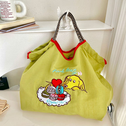 Japanese Style Cat Chai Dog Embroidered Eco-Friendly Cloth Bag Women's Large Capacity New Nylon Handbag Student's All-Match Shoulder Bag