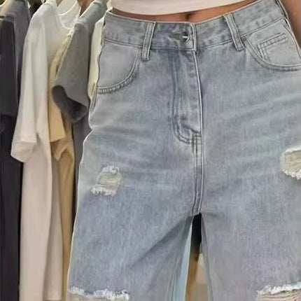 Spliced Ripped Lace Jeans for Women Summer New Loose High-Waist Slim New Wide-Leg Straight Floor-Length Trousers