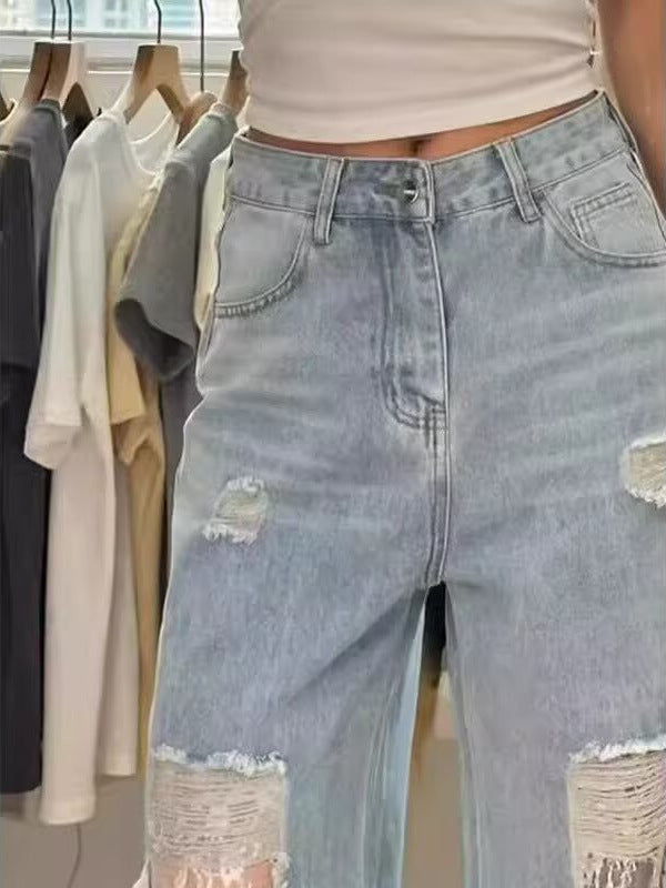 Spliced Ripped Lace Jeans for Women Summer New Loose High-Waist Slim New Wide-Leg Straight Floor-Length Trousers