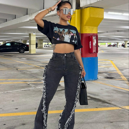 M80923 European and American Fashion New Retro Raw Edge Trendy Design Cool Floor-Length Flared Jeans