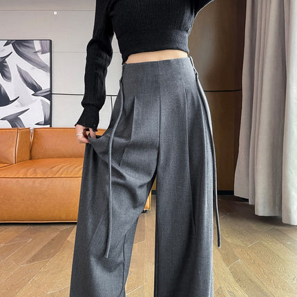 Fleece-Lined High-End Woolen Wide-Leg Pants, Women's Autumn and Winter High-Waisted Loose Floor-Length Straight-Leg Pants, Lazy Style