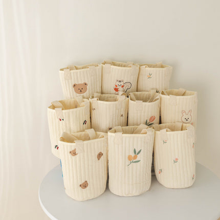 New Baby Stroller Storage Hanging Bag, Bottle and Diaper Bag, Quilted Cotton Embroidered Tote Bucket Bag, Cute Baby Storage