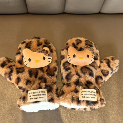 Leopard Print Cat Gloves Women's Winter Plush Gloves Student Cold-Proof Cycling Warm Fleece-Lined Thickeneding 2024 New Style