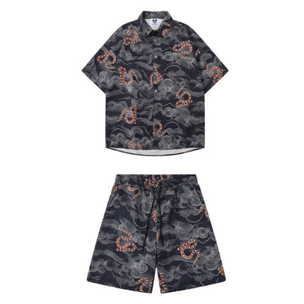 Cross-border Trade Trendy Brand Retro Snake Pattern Xiangyun Loose Beach Shorts Full Print Couple High Street Casual Pants Two-piece Set