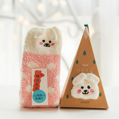 Coral Fleece Japanese-Style Christmas Socks with Embroidered 3D Cartoon Design, Boxed Floor Socks, Half Fleece Socks for Women