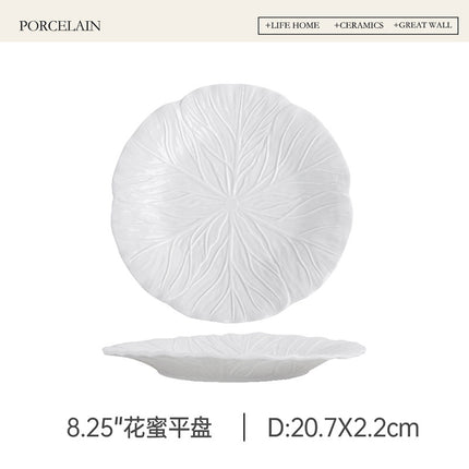 Household Dish Ceramic Plate Creative Cabbage Embossed Tableware Flower-shaped Western Food Plate Dessert Plate Restaurant Light Luxury Flat Plate