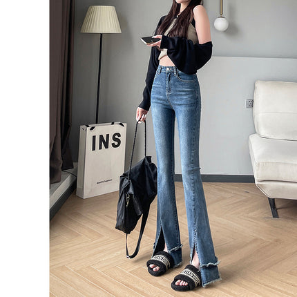 Rough Slit Micro-flared Jeans Women's Early Spring 2023 New High Waist Slim-fit Horseshoe Mop Pants for Women