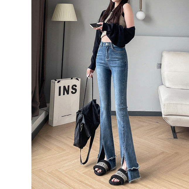 Rough Slit Micro-flared Jeans Women's Early Spring 2023 New High Waist Slim-fit Horseshoe Mop Pants for Women