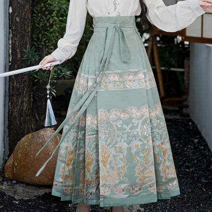 2025 Xiangyunsha Women's Chinese Style Hanfu Satin Water Green Wave Brocade Maqian Skirt One-Piece Half Skirt