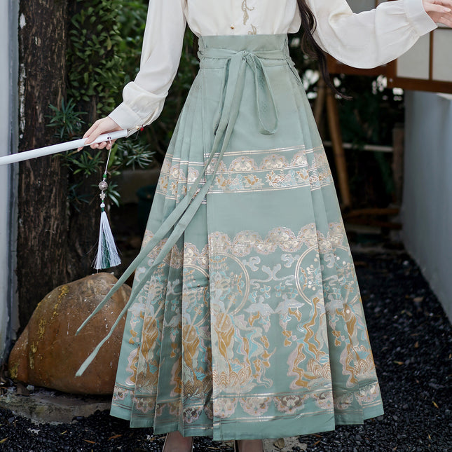 2025 Xiangyunsha Women's Chinese Style Hanfu Satin Water Green Wave Brocade Maqian Skirt One-Piece Half Skirt