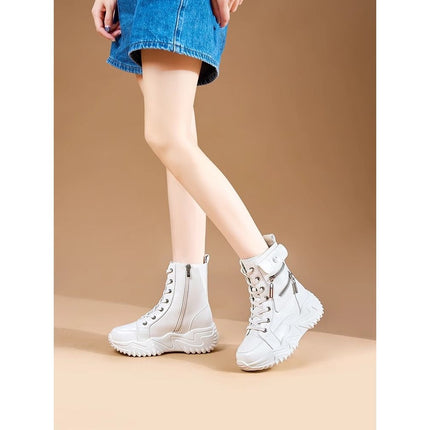 High-Top White Shoes 2025 Spring New Platform Thick-Soled Women's Shoes Versatile Leather Sports Shoes Fashionable Casual Short Boots