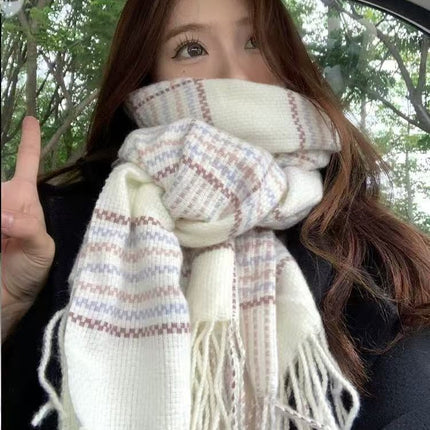 Korean Style Popular Plaid Scarf for Women, Thickened for Winter, Faux Cashmere, Warm Neck Warmer, Versatile for Students, Unisex, Cross-Border Wholesale, Fashionable