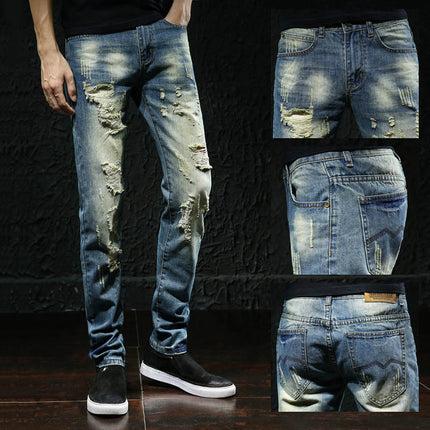 2025 Autumn Ripped Light Blue Jeans Men's Trendy Brand Slim Small Straight-Leg Pants Trendy Easiest for Match Beggar Pants