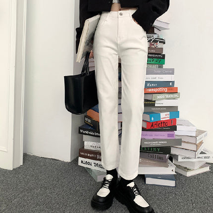 Beige Pants Pear-Shaped Body Hip-Covering Apricot Women's Short Straight Pipe Off-White Cropped Jeans