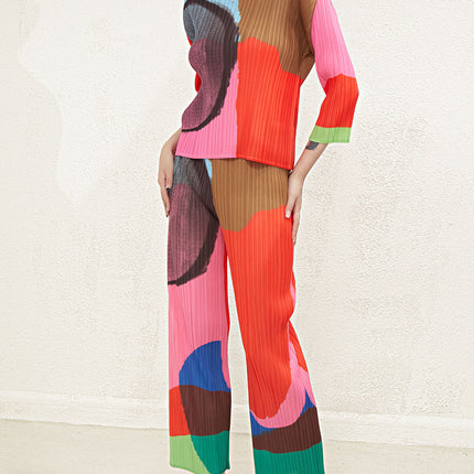Pleated Elegant Suit for Women Miyake Print Japanese Loose Top High Waist Elastic Wide Leg Straight Pants Two-Piece Set