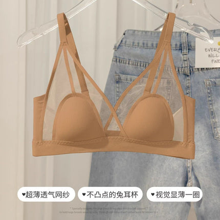 French-Style Summer Women's Thin Bra for Small Busts, Sexy Ultra-Thin Breathable Bra with Triangle Cups, Wireless, Makes Large Busts Appear Smaller