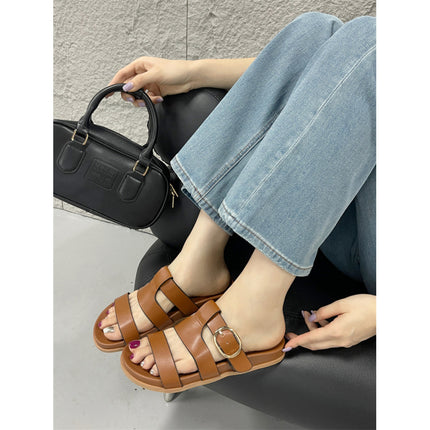 2025 Summer European and American New Fashion Flat Slippers Casual Open Toe Plaid Niche Women's Shoes