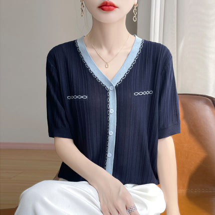 Tweed Style Contrasting Color Short-Sleeved T-Shirt Women's Niche Thin V Neck Half-Sleeved 2025 Summer New Knitted Women's Top