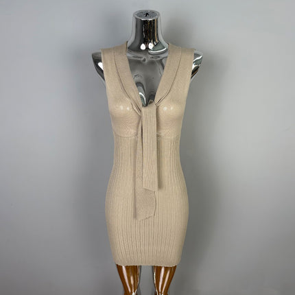 South Korea's Dongdaemun Slimming Look, Sexy and Feminine Figure-Showing Ribbon Sleeveless Hip-Covering Knitted Dress