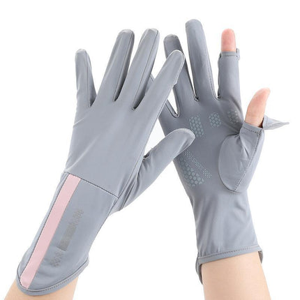 Ice Silk Sun Protection Gloves for Women, Thin Style, Breathable, Non-Slip, Suitable for Driving and Electric Vehicles, Uv Protection, Two-Finger Exposed Design, Touchscreen Compatible