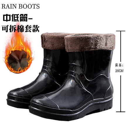Black High-Tube Men's Rain Boots for Foreign Trade, Waterproof and Non-Slip Kitchen Shoes, Warm Mid-Tube Men's Water Boots, Rain Boots