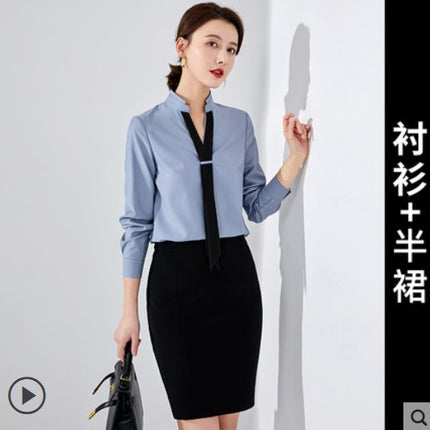 Spring and Autumn fashion long-sleeved shirt V-neck color matching shirt elegant goddess style front desk work clothes suit skirt sales women's suit