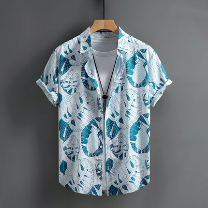 Men's Short-sleeved Shirt Men's Blue and White Turtle Bamboo Hawaiian Vacation Men's Shirt Summer 2025 New Cross-border