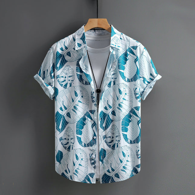 Men's Short-sleeved Shirt Men's Blue and White Turtle Bamboo Hawaiian Vacation Men's Shirt Summer 2025 New Cross-border