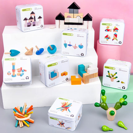Children's Montessori Iron Boxed Toys 2-6 Years Old Baby Educational Enlightenment Early Education Building Blocks Rubik's Cube Top Wooden Puzzle