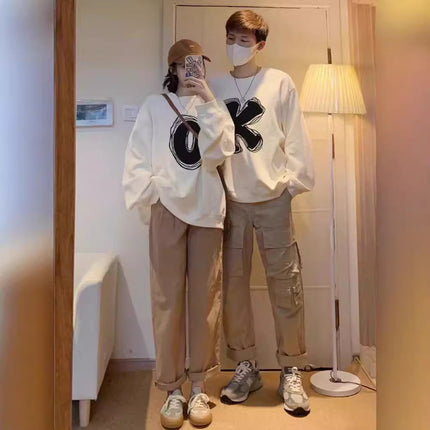 High-end Men's and Women's Long-sleeved Ins Style Top Special Couple Clothing Autumn and Winter fleece-lined Round Neck Sweat Fashion Brand Class Clothes