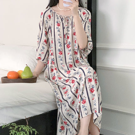 Mishiti Cotton Silk New Chinese Style Short-Sleeved Nightgown for Women, Summer Thin Style, National Style Cotton Silk Home Wear, Can Be Worn Outside