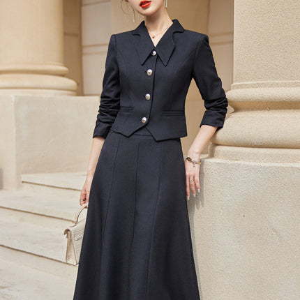 French style black dress Women's Spring and Autumn New retro high-grade elegant socialite high-end suit two-piece suit