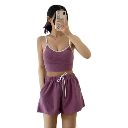 Korean Style New Split Swimsuit Women's Solid Color Towel Material Sling Sporty Fashionable Flat Angle Hot Spring Holiday Swimsuit