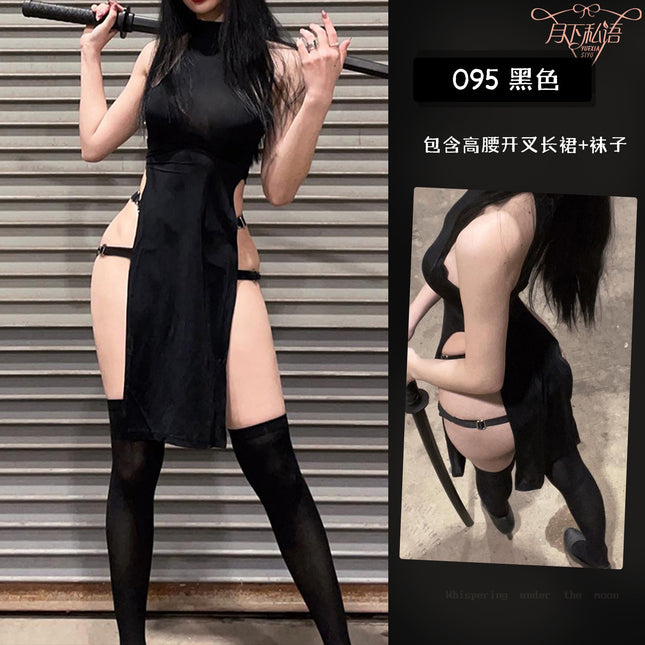 Foreign trade new sexy underwear sexy solid color pullover sleeveless hollow side split high waist European and American tights