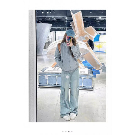 American Style High Street Wide Leg Tooling Jeans Women's Spring and Autumn Dipped Loose Multi-Pocket Design Tall Mop Pants
