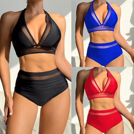 2025 New Bikini Cross-Border European and American Foreign Trade Mesh Splicing Lace-Up Sexy Bikini Two-Piece Swimsuit Swimwear