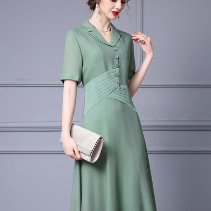 Elegant Green Light Green Dress with a Flared Skirt, Summer Waist-Cinching Slimming Effect, Turn-Down Collar, Rayon Dress, 2026 New Model