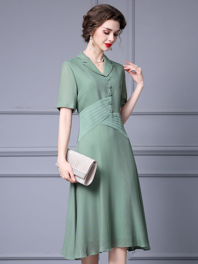 Elegant Green Light Green Dress with a Flared Skirt, Summer Waist-Cinching Slimming Effect, Turn-Down Collar, Rayon Dress, 2026 New Model
