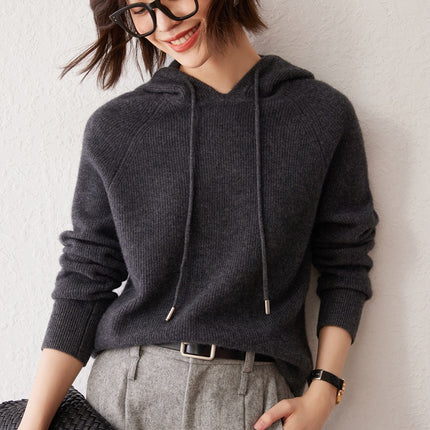 Early Autumn New Hooded Women's Simple Solid Color Yuanbao Needle Hoodie Loose Slimming 100 Pure Cashmere Knitted Sweater