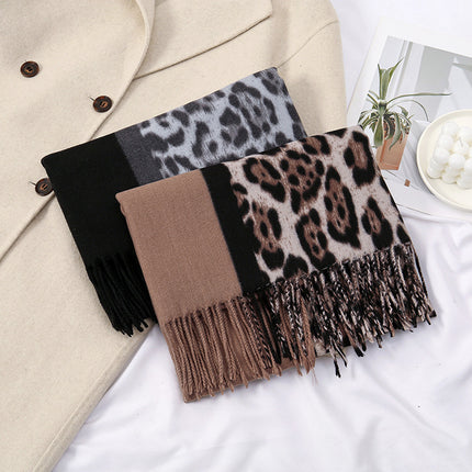 Women's Leopard Print Scarf Imitation Cashmere Thickeneded Tassel Fashion Printed Warm Scarf Autumn and Winter Cold-Proof Cloak Shawl