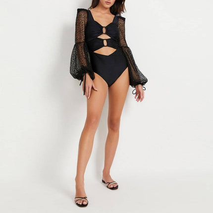 2024 European and American Swimwear New Mesh Long Sleeve Hollow Solid Color Swimsuit Women's Cross-border Explosion 2287