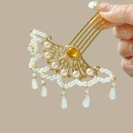 Hollow-out Fan-shaped Hanfu Hairpin Pearl Hair Comb Xiuhe Headdress Comb Antique Hair Accessories Hair Pickles Hair Flower Hair Card